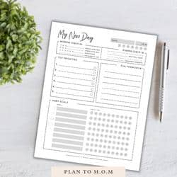 printable daily planner page laying on countertop. Pen and artificial plant in background